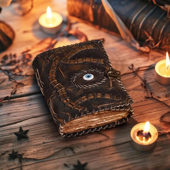 Vintage Spell Book Leather Bound Journal 7”X5” | 200 Pages |Brown| Blank Deckle - Picture 4 of 7